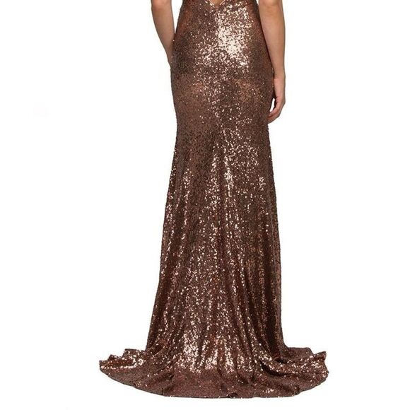 Abby Paris by Lucci Lu Long Sexy Bronze Sequin/rhinestone Deep V Gown Dress Sz 4 - Picture 5 of 14